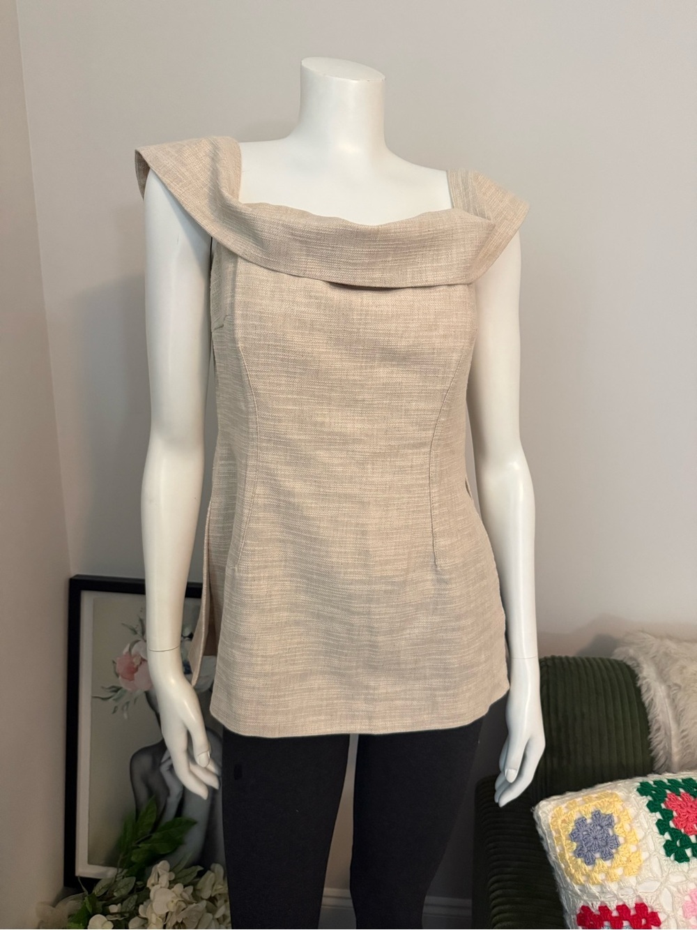 Zara Off-the-Shoulder Woven Linen Blend Top with Side Vents Oatmeal Size Large